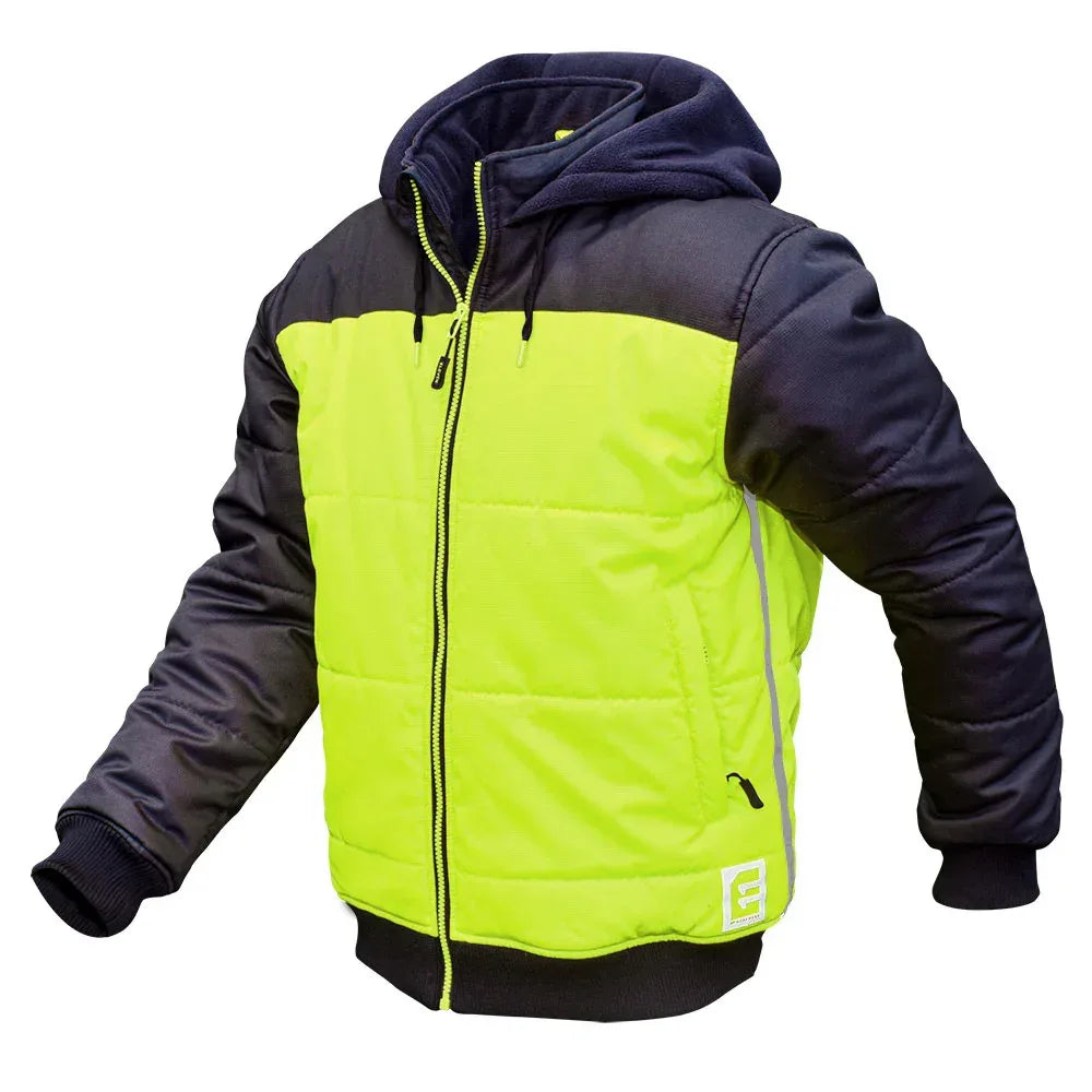 Eleven Workwear Hi-Vis Spliced Quilted Jacket w/ Fleece Hood - Yellow - RSEA Safety Outlet