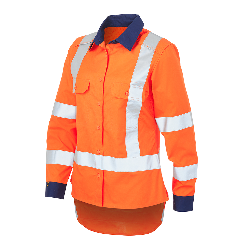 ELEVEN TTMC Womens HiVis Taped Long Sleeve Shirt - Hi Vis Orange/Navy