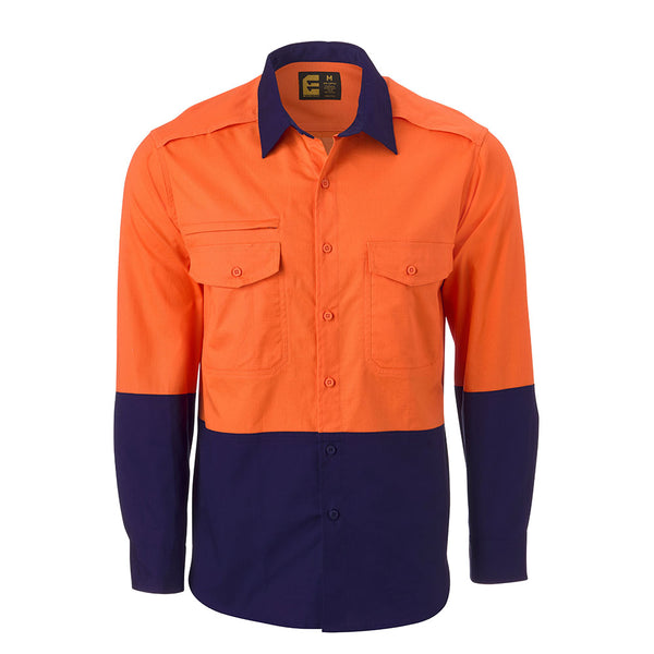 Eleven Workwear Hi-Vis Cotton Ripstop Long Sleeve Shirt - Hi Vis Orange/Navy