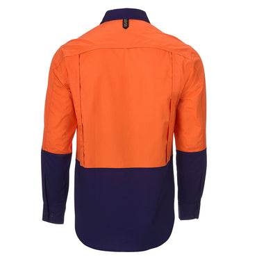 Eleven Workwear Hi-Vis Cotton Ripstop Long Sleeve Shirt - Hi Vis Orange/Navy
