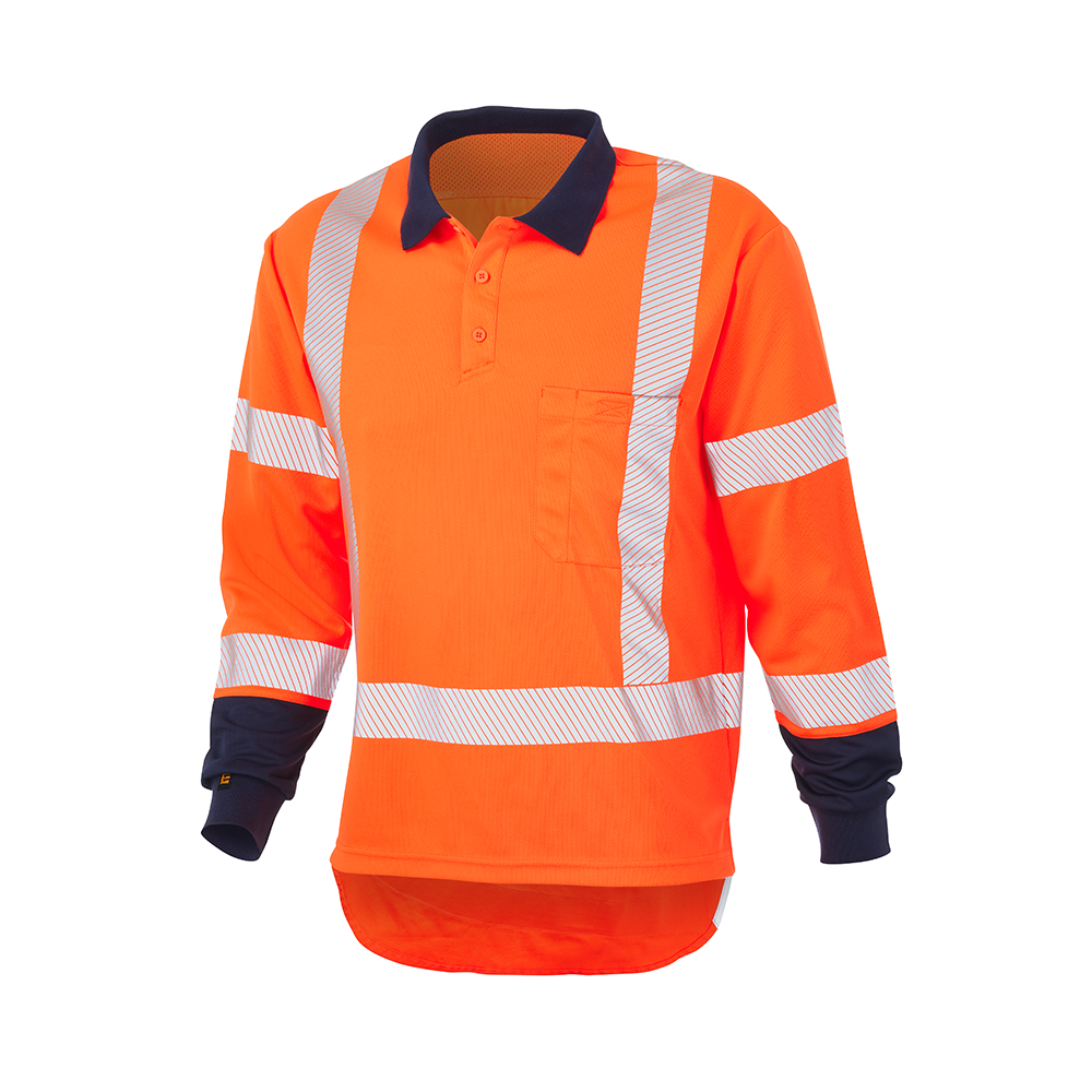 ELEVEN TTMC HiVis Taped Long Sleeve Polo - Hi Vis Orange/Navy