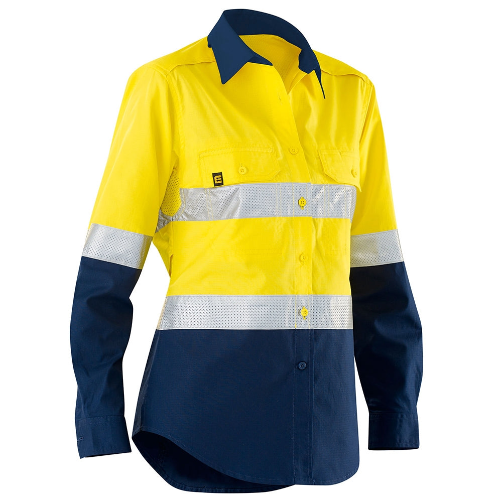 ELEVEN Workwear Women’s AEROCOOL Spliced Hi-Vis Perforated 3M™ 'Hoop' Taped Shirt - Yellow/Navy