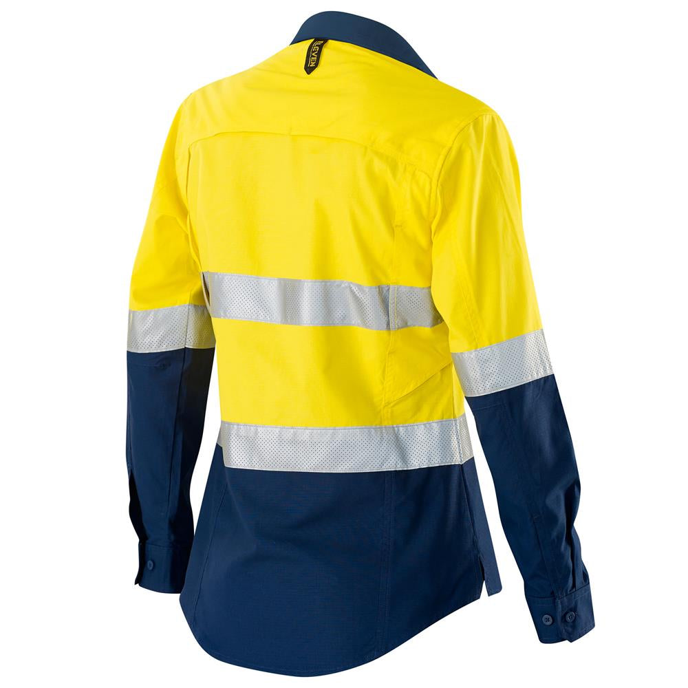 ELEVEN Workwear Women’s AEROCOOL Spliced Hi-Vis Perforated 3M™ 'Hoop' Taped Shirt - Yellow/Navy