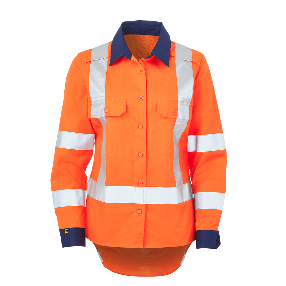 ELEVEN TTMC Womens HiVis Taped Long Sleeve Shirt - Hi Vis Orange/Navy