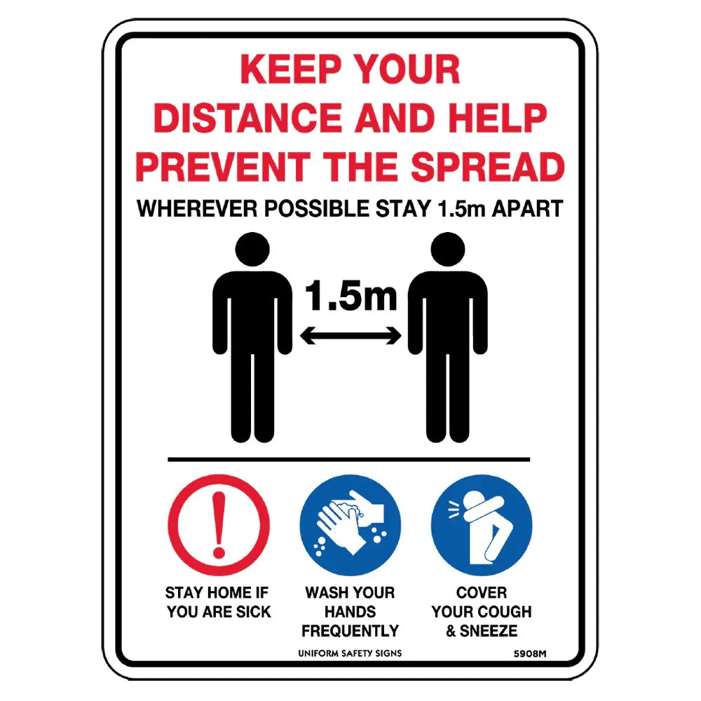Uniform Safety "Keep Your Distance Help Prevent The Spread" COVID-19 300x225mm Poly Sign - RSEA Safety Outlet