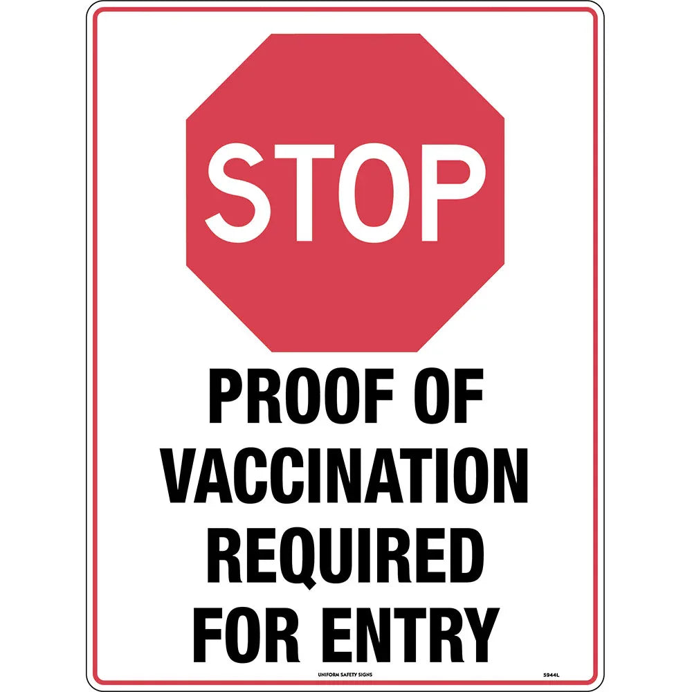 COVID Safety - Stop Proof of Vaccination Required for Entry 600x450mm POLYPROPYLENE - RSEA Safety Outlet